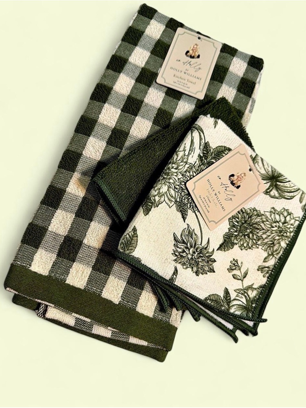 New Green & Cream Gingham Floral Kitchen Towel Set